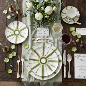 Juego de Vajilla de Porcelana Verde Mediterránea, Plato de Cerámica Pintado a Mano con Rayas, Taza de Café de Porcelana, Tazón para Bodas - Product Image 1