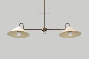 Lustre suspendu linéaire de luxe de style moderne du milieu du siècle, finition laiton antique, double disque, style italien minimaliste, 2 lumières - Product Image 4