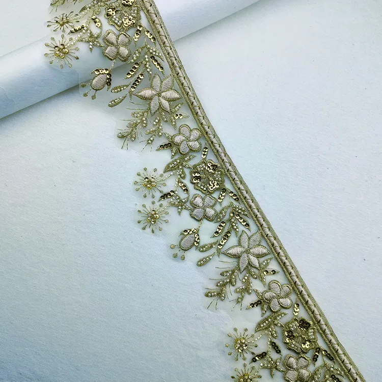 Bordado guipur flor encaje ajuste perla oro cuentas 3D encaje nupcial ajuste bordado con lentejuelas para boda