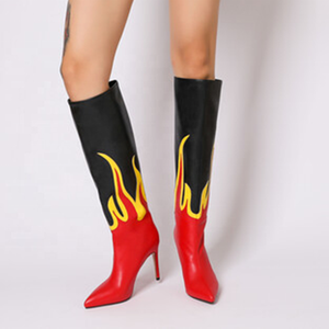 2022 Red Fire Pattern Pointy Toe Thin High Heel Boots Big Size 44 Short Knee High Women Boots Slip-on <b>Shoes</b> Winter Spring - Product Image 2