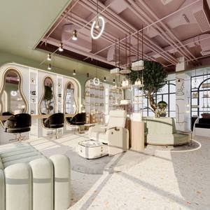 Diseño de Interiores de Lujo para Salón de Belleza, Muebles Personalizados para Salón de Belleza, Estaciones Curvas Estilo Crema, Instalación Llave en Mano - Product Image 3