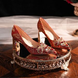 7777M-007 Satin Pumps Pointed Toe Block <b>Heel</b> Rhinestone Bridal Shoes Red <b>Gold</b> High <b>Heel</b> <b>Wedding</b> Dress Shoes - Product Image 2