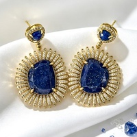 Boucles d'oreilles vintage en pierre de lapis-lazuli naturelle plaquées or pour femmes, bijoux de fête