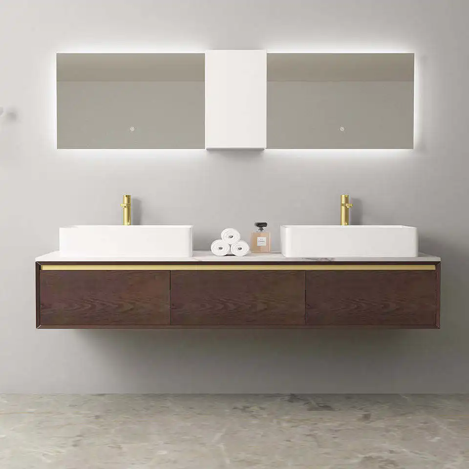 Luxury Wall Mounted Dual Sink Walnut Wood Modern Bathroom Vanity Cabinet