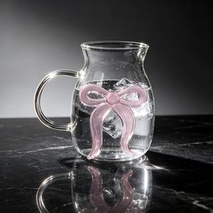 Gelas Dessert Kaca Borosilikat Tinggi 15oz 16oz yang Lucu dengan Tumbler Pita Pink 3D dan Mug Kopi Dingin Berpegangan untuk Hadiah Rumah Tangga - Product Image 2