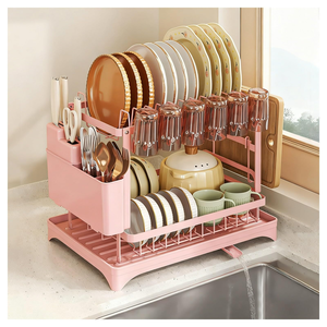 Escurridor de Platos Multifuncional de 2 Niveles, Resistente al Óxido, Ahorra Espacio, Color Rosa, con Bandeja de Drenaje para la Encimera de la Cocina - Product Image 1