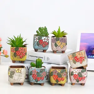 Custom Indoor Small Cute Colorful Hand Painting Cactus Korean Succulent Ceramic Planter Pot with Hole