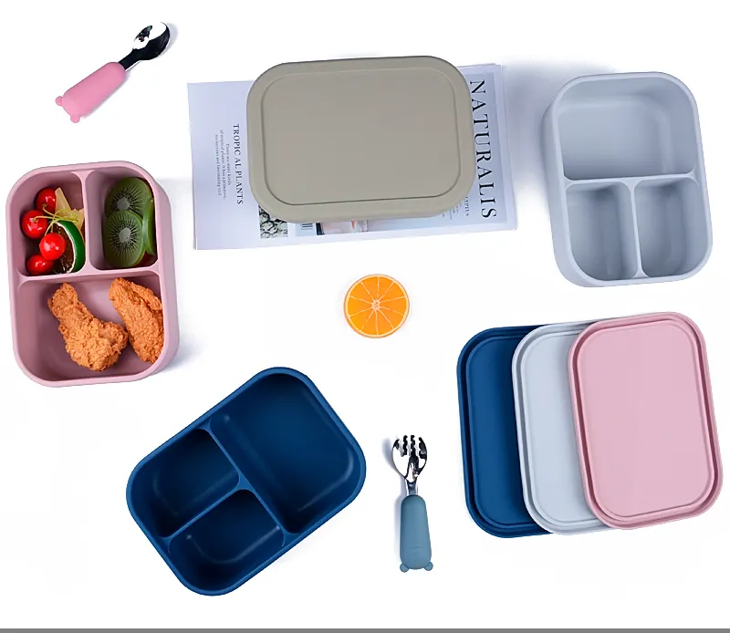 4 في 1 قابلة لإعادة الاستخدام بينتو صندوق طعام للأطفال علب غداء قابلة للتقسيم 2023 جديد سيليكون بينتو حاوية علب حفظ أطباق