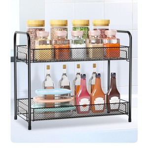 Double Layer <b>Spice</b> Rack Black Metal Kitchen Countertop <b>Storage</b> Organizer No Drill Required Durable Seasoning Rack L Size - Product Image 2