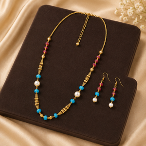 Gold Plated Multicolor Beaded Pendant Necklace Set Turquoise Ruby Pearl Style <b>Chain</b> Jewelry for Women - Product Image 6