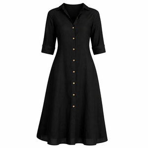 <span class=keywords><strong>Robe</strong></span> chemise midi ajustée à <span class=keywords><strong>col</strong></span> pointu en lin et coton mélangé noir pour femme, coupe trapèze, décontractée et élégante - Product Image 3