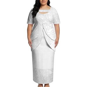 Ensemble deux pièces Puletasi blanc tribal polynésien de luxe grande taille, haut et <span class=keywords><strong>jupe</strong></span>, col rond, style Hawaï, ajusté - Product Image 2