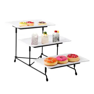 3 Tier Serving Stand Collapsible Sturdier Rack with 3 Porcelain Serving Platters For Party & Buffet