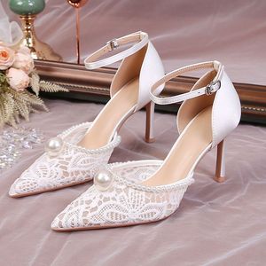 33-42 Wedding <b>White</b> Talons Dames Luxury Slingback Sandals Lace Pearl Shoes Women <b>Heel</b> for Ladies - Product Image 2