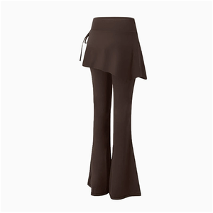 Leggings de yoga taille haute pour femme avec jupe asymétrique et ourlet évasé, marron uni, en polyester extensible quadridirectionnel, taille élastique - Product Image 1