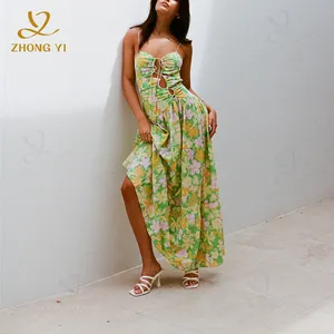 Abbigliamento estivo personalizzato di alta qualità stampato abito lungo Sexy floreale scavato da donna Flowy Sandbeach Sun Maxi abiti Casual da donna