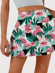 Jupe skater taille haute pour femme à imprimé flamant rose - Mini-jupe légère coupe trapèze avec motifs feuilles tropicales et formes géométriques - Product Image 1