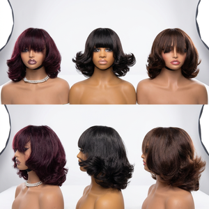 Letsfly Promotion Wholesales 42$ 12A Bouncy Loose 1x3 Lace <b>Wigs</b> with Bang 200gram 12 Inches Natural Human Hair Virgin Hair - Product Image 1