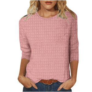 Magliette Casual in Maglia Waffle a Trama <span class=keywords><strong>Morbida</strong></span> per Donne, Collo Tondo, Manica Tre Quarti, Vestibilità Ampia, Blusa Basic Ideale - Product Image 5