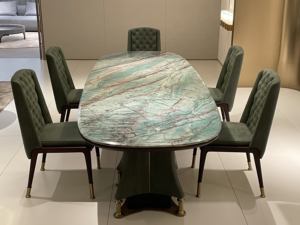 طاولة رخامية فاخرة حديثة مع قاعدة دوارة للطعام، مناسبة للمنزل والفنادق والمطاعم، مصنوعة يدويًا من ألواح الخيزران، أثاث إيطالي - Product Image 1