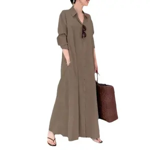 2024 Großhandel Vintage elegantes lockeres Umdrehkragen schönes hochwertiges Sekt-Maxi-Kleid