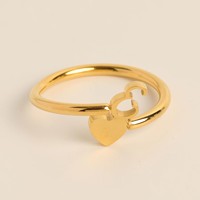 Bague en forme de cœur tridimensionnelle à 26 lettres, en acier inoxydable exquis plaqué or 18 carats, ajustable