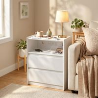 Table de chevet en bois minimaliste OEM à 2 tiroirs avec multiprise, étagère ouverte et compartiment de rangement pour câbles
