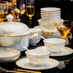Bone China <b>Dinnerware</b> Sets Ceramic Dishes Luxury Golden Plates and Bowls Set 62pcs Tableware - Product Image 5