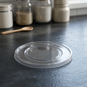 Tapa plana de PET transparente de 80 mm de diámetro sin orificio para pajita, gama de tapas de PET por mayor para combinar con vasos y recipientes de PET - Product Image 1