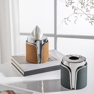 Boîte à mouchoirs en cuir moderne avec design créatif, tiroir de luxe en acier inoxydable avec éclairage miroir simple pour hôtels et invités - Product Image 2