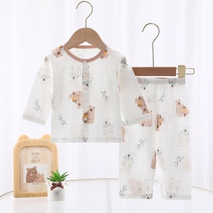 Conjunto de dos piezas de algodón para bebé, pijama de manga larga con dibujos animados, para niños y niñas, ropa de verano para aire acondicionado. - Product Image 1