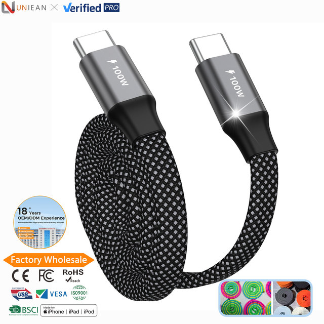 UNIEAN Wholesale USB C2.0 Magnetic Flat Braided Data Cables 48V 100W Type C Fast Charging 480Mbps Flat Cable for iphone