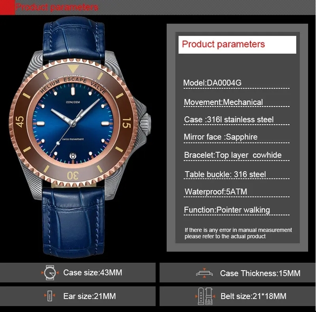 DA0004L Men Mechanical Wrist Watch 316L Stainless Steel Case Sapphire Crystal 30 bar Waterproof Leather Band Dive Wristwatch