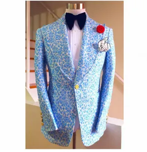 Customハーフキャンバスファッションライトブルー印刷男性の結婚式のタキシードスーツ