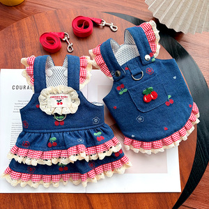 Weiwang Denim <b>Cherry</b> Overalls <b>Dress</b> Summer Pet Clothes For Dogs Skirt Embroidered Pattern - Product Image 2