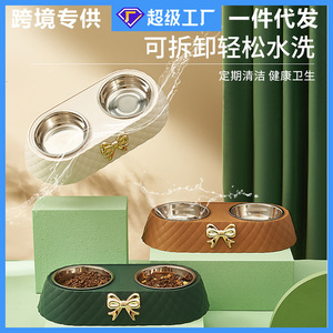 Bol pour animaux de compagnie en acier inoxydable, double gamelle antidérapante et anti-renversement, forme ovale, pour chat et chien, style luxueux - Product Image 5