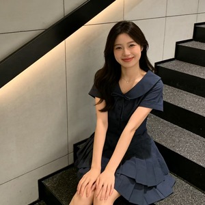 Korean Style Peter Pan Collar Navy Blue Shirt Dress Fitted Waist Slimming Summer Short Sleeve Women's Dress - Product Image 5