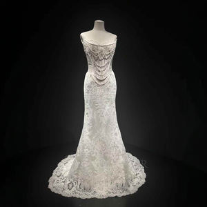 Robes de mariée sirène modernes NT08 pour femmes, longues, lourdes, ornées de perles, de dentelle ivoire, d'applications de fleurs en cristal et de décolleté en U - Product Image 4