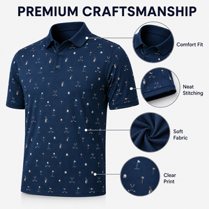 Custom Printed Golf Polo Shirts Men <b>Navy</b> Abstract Line Pattern Short Sleeve Private Label OEM ODM Manufacturer - Product Image 3