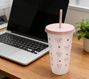 Reusable Transparent PP Tumbler With Lid and Straw 24oz Pink Bow Cute <b>Drinkware</b> for Birthday Party <b>Plastic</b> Cup - Product Image 2