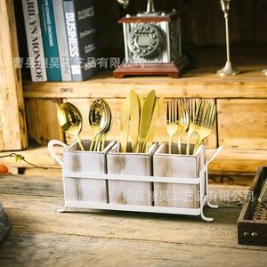 Caja de Almacenamiento de Madera, Porta Cuchillos, Tenedores y Palillos, Combinación de Hierro y Madera, Organizador de Escritorio Multifuncional, Estante de Cocina - Product Image 1