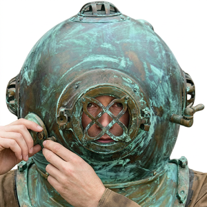 Casque de plongée antique en bronze, pièce d'art nautique de collection en métal moulé rond - Product Image 1