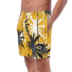 <b>Men's</b> Yellow Palm Tree Print Board Shorts Mid Waist Elastic Quick Dry Casual Swim <b>Trunks</b> with Pockets - Product Image 1