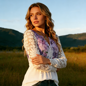 Blusa Casual de Talla Grande para Mujer, con Cuello en V, Botones, Estampado Floral, Manga Larga y Encaje, para Primavera, Otoño y Verano - Product Image 2