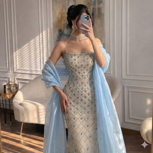 Serene Hill LA73226A Blue <strong>Silver</strong> Zipper Back Mermaid Beaded Evening <strong>Dresses</strong> with Shawl 2026 Luxury Party Gowns for <strong>Women</strong> - Product Image 4
