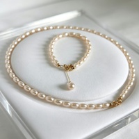 Ensemble de bijoux en perles pour demoiselle d'honneur, collier, bracelet, boucles d'oreilles, perles de riz d'eau douce 7-8 mm, argent 925, cadeaux de mariage, vente en gros, sur mesure