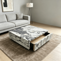 Table basse carrée moderne et minimaliste pour salon, en marbre Calacatta Viola d'Italie, avec tiroirs et socle.