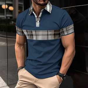 Polo de Manga Corta para Hombre con Ribete de Cuello a Cuadros, Cuello Abotonado, Top Informal de Punto de Mezcla de Algodón - Product Image 5