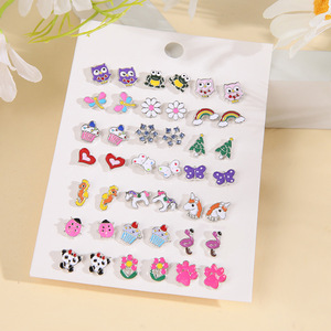 Cartoon Stud <b>Earrings</b> Set 21 Pairs Animal Owl Unicorn Flower Heart Women Fashion Jewelry Steel <b>Posts</b> - Product Image 3