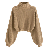 Pull col roulé court personnalisé en gros OEM, manches lanternes, couleur unie, tricot ample, pull à épaules tombantes